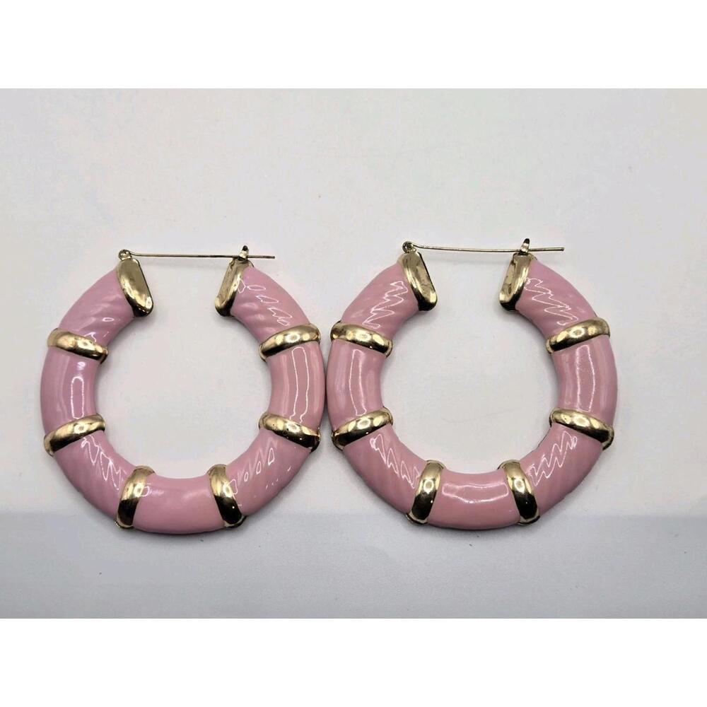 Pink & Gold Round Bamboo Textured Cute DoorKnocker 3 Inch Trend Hoop Earrings